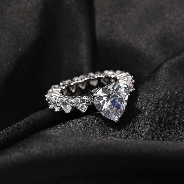 Icy Heart  ring ,heart CZ Ring , luxury ring , Full Cubic Zircon Paved Copper Big Heart Ring Iced Out Bling Hip Hop Fashio