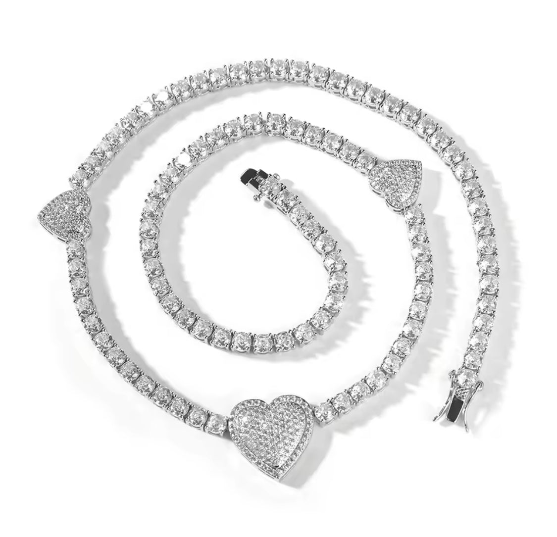 Silver Tennis 3 Heart Necklace 16inch 3 heart tennis necklace Luxx– Lavishluxxshop main image 2
