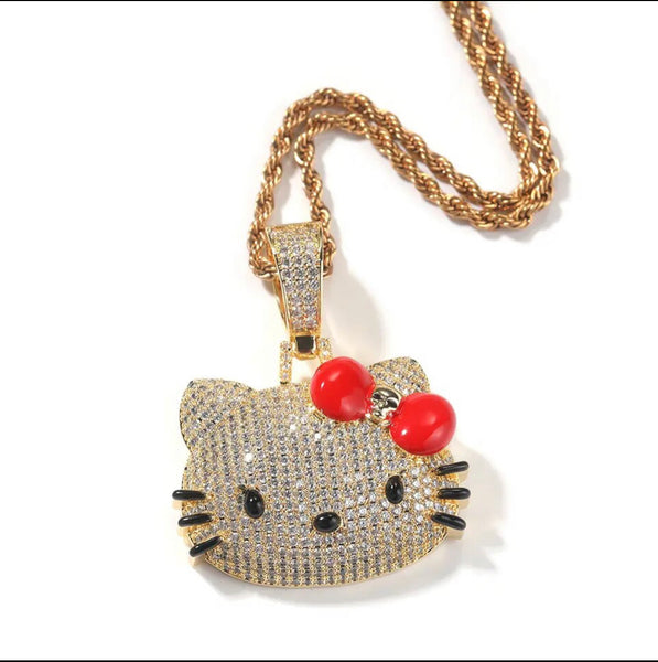 Kitty red bow bling necklace