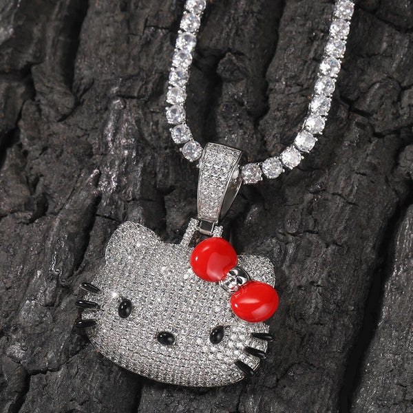 Kitty red bow bling necklace