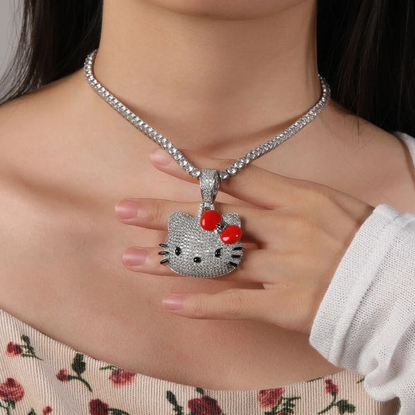 Kitty red bow bling necklace