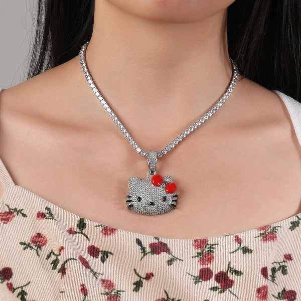 Kitty red bow bling necklace