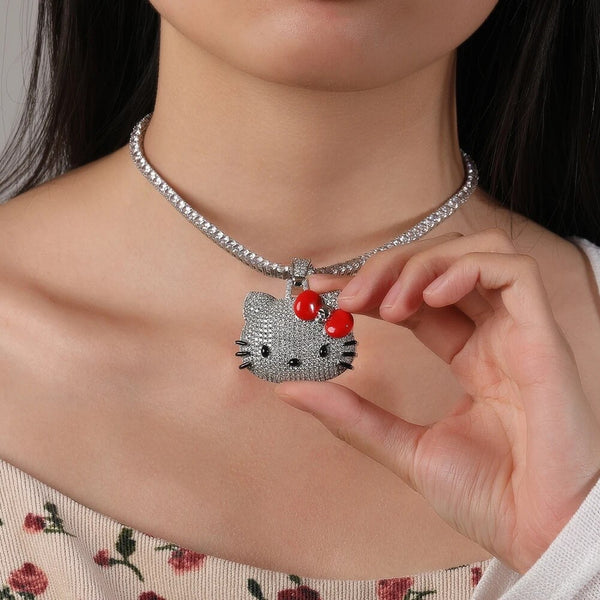 Kitty red bow bling necklace