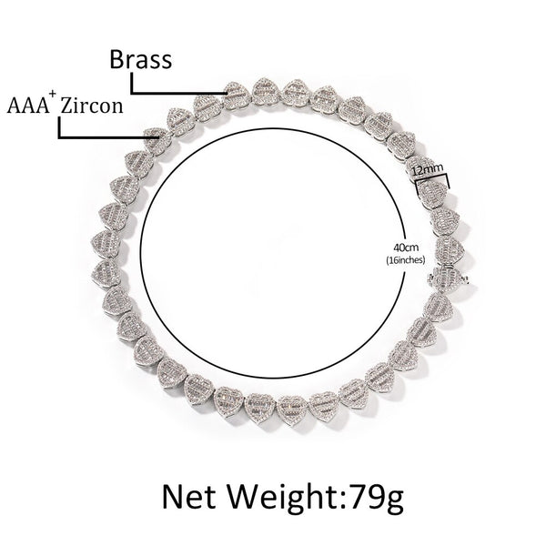 Baguette Heart Chain Necklaces for Women 12 mm Iced Out Cubic Zirconia Stones Necklace Fashion Jewelry for Women Gift
