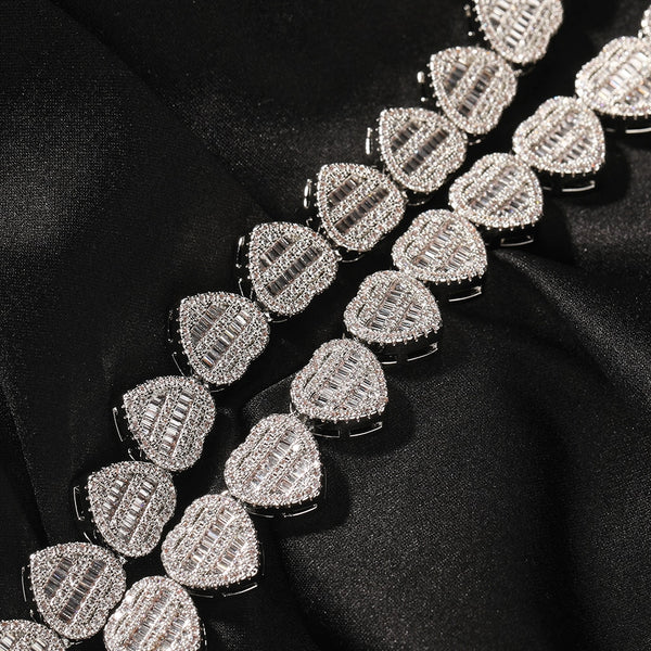 Baguette Heart Chain Necklaces for Women 12 mm Iced Out Cubic Zirconia Stones Necklace Fashion Jewelry for Women Gift