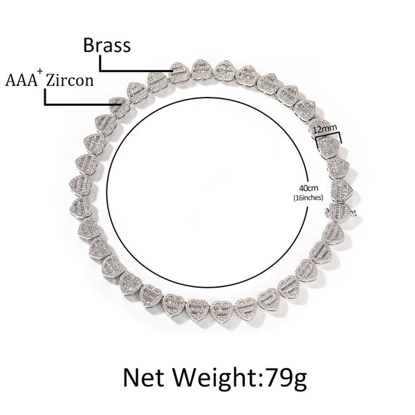 Baguette Heart Chain Necklaces for Women 12 mm Iced Out Cubic Zirconia Stones Necklace Fashion Jewelry for Women Gift