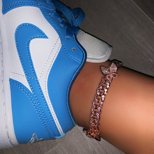cuban butterfly anklet , butterfly cuban anklet ,Iced Out Zircon custom Color Luxury Bling butterfly anklet, butterfly anklet