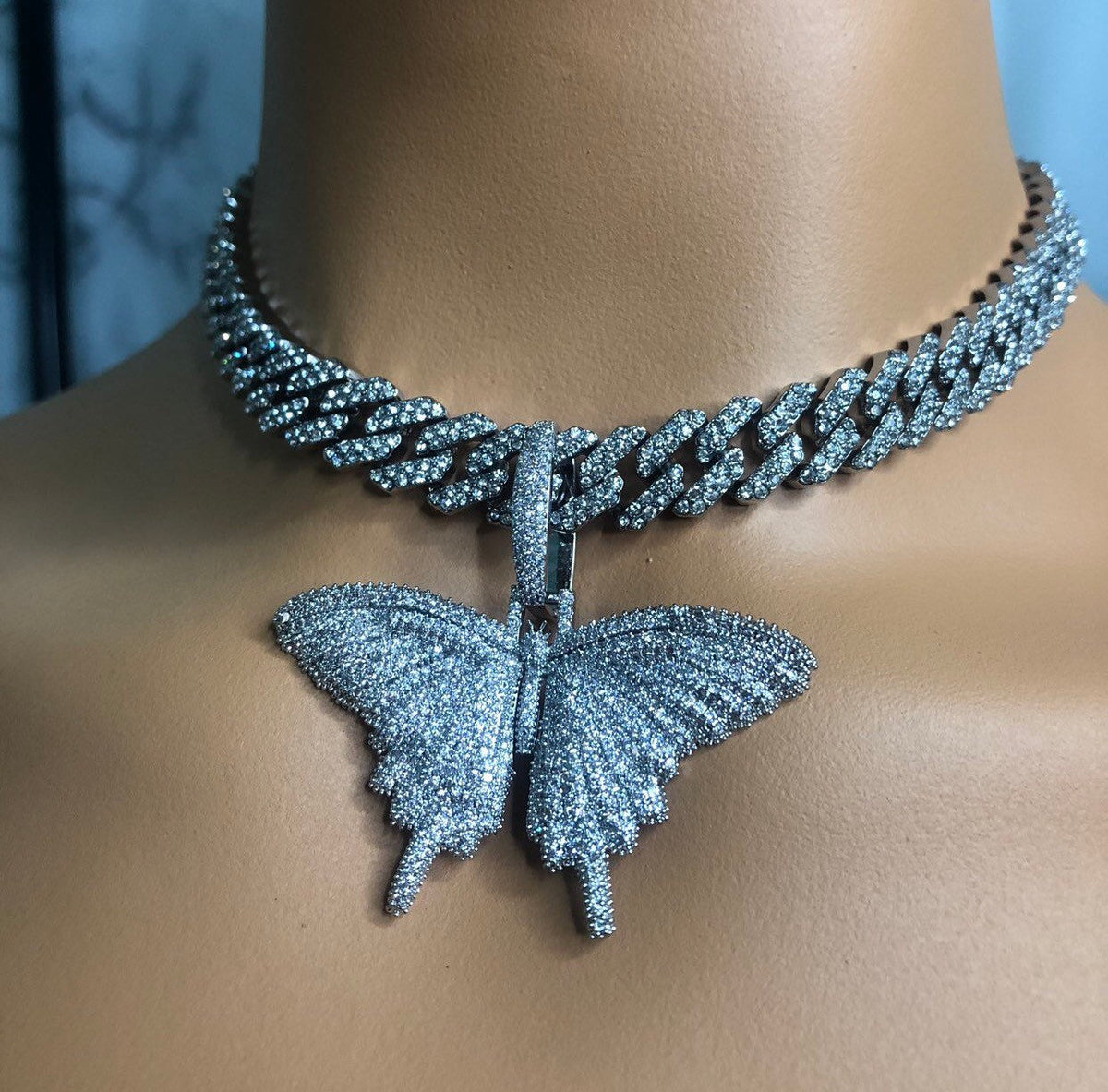 Butterfly cuban choker chain necklace blinged iced cuban