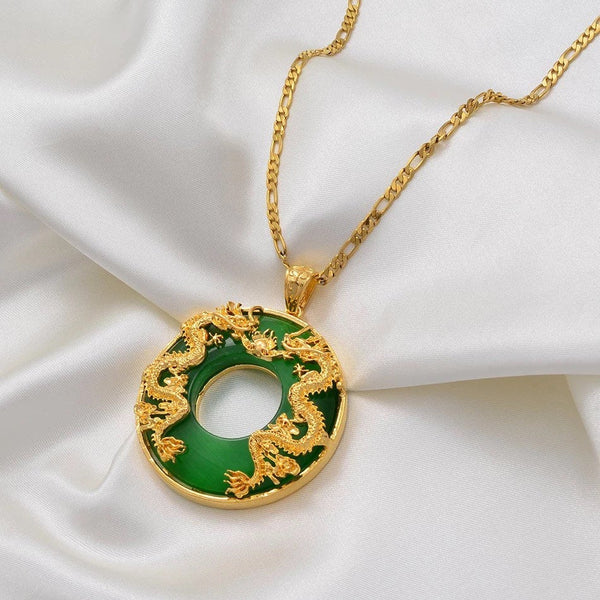 Dragon Pendant Necklace, 18k gold plated Men Jewelry Chinese Style Artificial Green Jade Good Luck Happiness