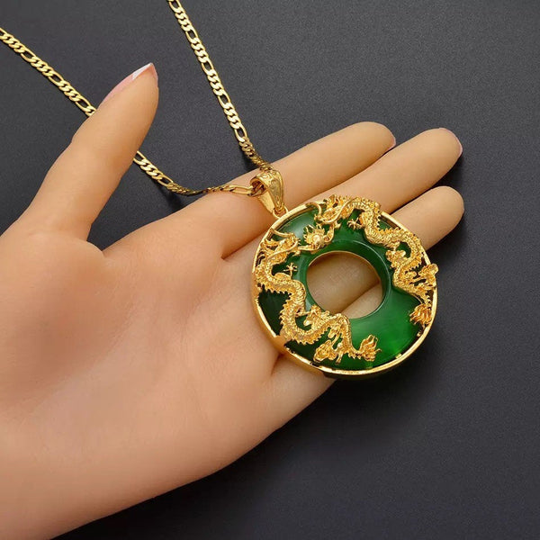 Dragon Pendant Necklace, 18k gold plated Men Jewelry Chinese Style Artificial Green Jade Good Luck Happiness