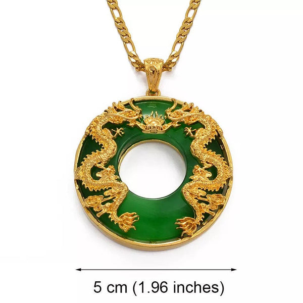 Dragon Pendant Necklace, 18k gold plated Men Jewelry Chinese Style Artificial Green Jade Good Luck Happiness