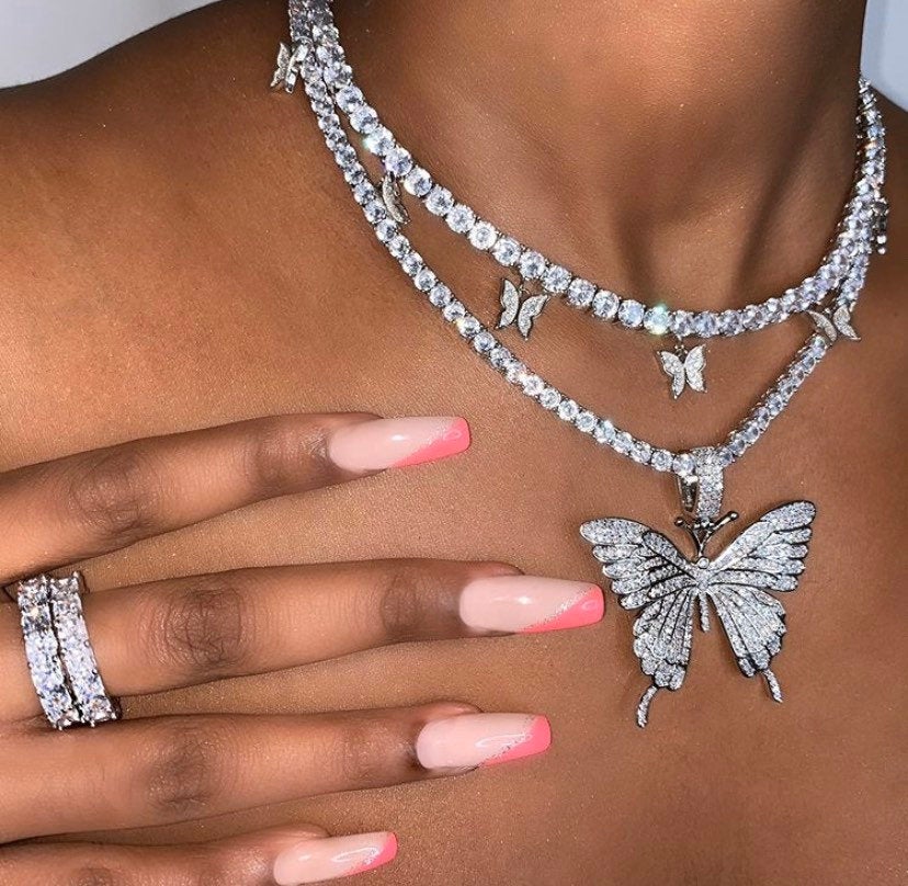 CZ Butterfly Tennis Choker Necklace, Stainless Steel Butterfly Jewelry
