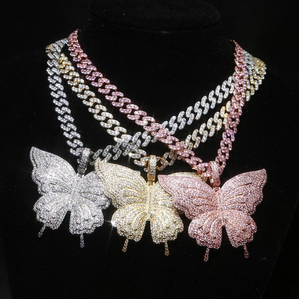 9m Butterfly cuban choker chain necklace , pink cuban choker , butterfly necklace, butterfly pendant