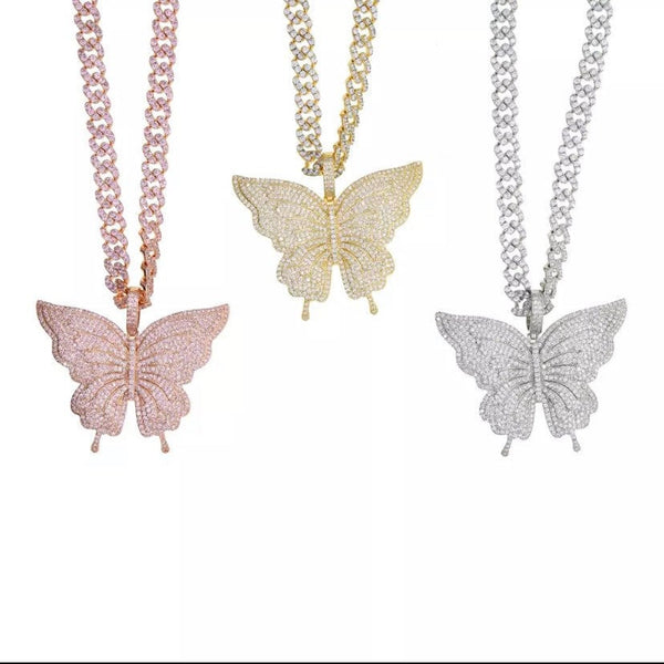 9m Butterfly cuban choker chain necklace , pink cuban choker , butterfly necklace, butterfly pendant