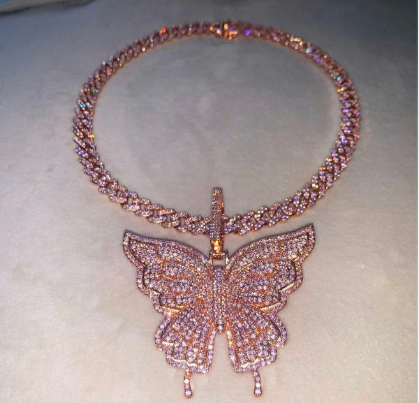 9m Butterfly cuban choker chain necklace , pink cuban choker , butterfly necklace, butterfly pendant