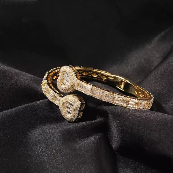 open heart rhinestone bangle, Baguette heart cuff bracelet,Opened Heart Zircon Bracelet Iced Out CZ  Bracelet