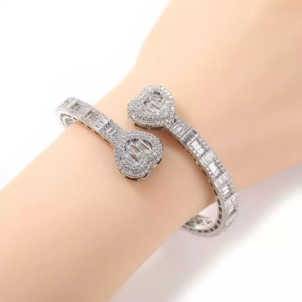 open heart rhinestone bangle, Baguette heart cuff bracelet,Opened Heart Zircon Bracelet Iced Out CZ  Bracelet