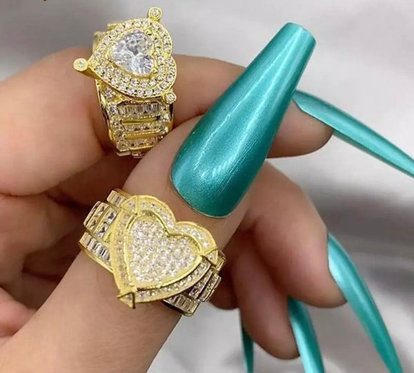 Heart  ring ,bling heart heart CZ Ring , luxury ring , Full Cubic Zircon Paved Copper Big Heart Ring Iced Out Bling