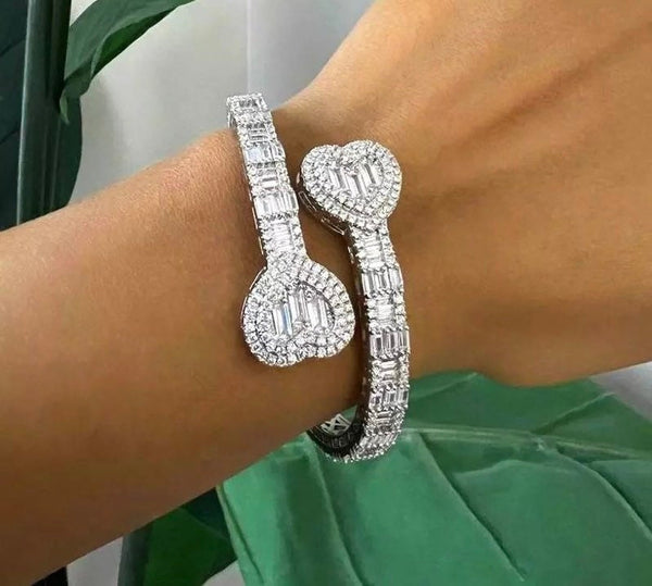 open heart rhinestone bangle, Baguette heart cuff bracelet,Opened Heart Zircon Bracelet Iced Out CZ  Bracelet