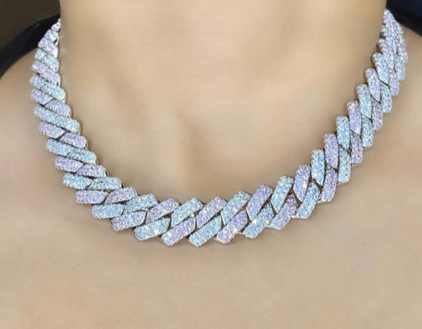 13mm Micro Paved Cubic Zirconia Two-Tone Prong Link Choker  White &Pink