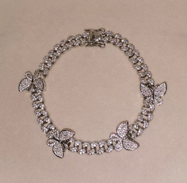 cuban butterfly anklet , butterfly cuban anklet ,Iced Out Zircon custom Color Luxury Bling butterfly anklet, butterfly anklet