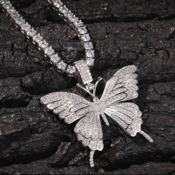 pink tennis Iced butterfly necklace , pink bling out butterfly ,  5m tennis necklace,tennis necklace cz butterfly pendant , lavishluxxshop