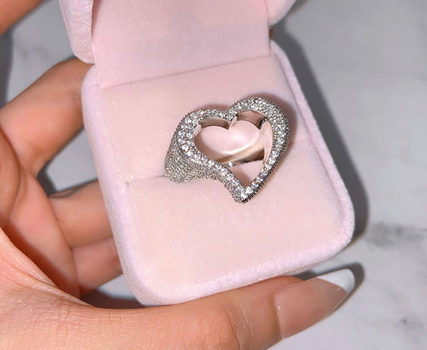 Open Heart  ring ,heart CZ Ring , luxury ring , Full Cubic Zircon Paved Copper Big Heart Ring Iced Out Bling Hip Hop Fashion