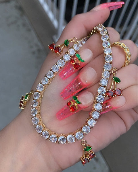 CHerry tennis choker ,(FREE! BUY ONE GET ONE FREE ,ADD 2 TO CART) cz tennis cherry  necklace , bling iced cherry  necklace, cherry  necklace, cherry jewelry i