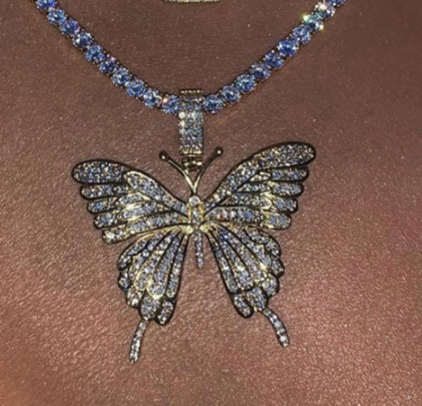 pink tennis Iced butterfly necklace , pink bling out butterfly ,  5m tennis necklace,tennis necklace cz butterfly pendant , lavishluxxshop