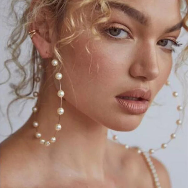 oversized pearl hoop earring , pearl hoop earring , big hoop earring , hoop earrings