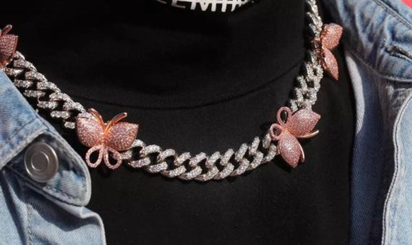 12mm CZ cuban butterfly choker , butterfly cuban Necklace ,Iced Out Zircon custom Color Luxury Bling butterfly pendant