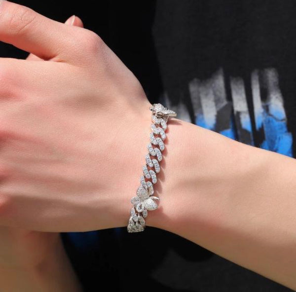 9mm Micro Pave CZ Cuban Link Bracelet with Small Butterfly