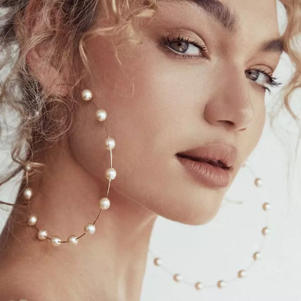 oversized pearl hoop earring , pearl hoop earring , big hoop earring , hoop earrings