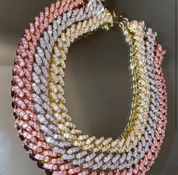 12mm pink  cuban Choker Necklace ,gold /rose Gold Cuban Link With gold &Pink Cubic Zirconia Chain Jewelry ,