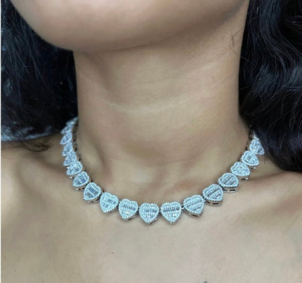 Baguette Heart Chain Necklaces for Women 12 mm Iced Out Cubic Zirconia Stones Necklace Fashion Jewelry for Women Gift