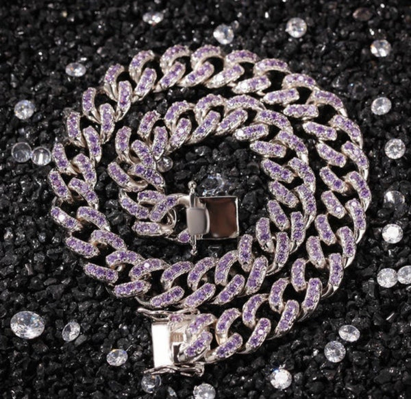 12mm pink  cuban Choker Necklace ,gold /rose Gold Cuban Link With gold &Pink Cubic Zirconia Chain Jewelry ,