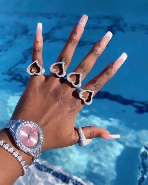 Open Heart  ring ,heart CZ Ring , luxury ring , Full Cubic Zircon Paved Copper Big Heart Ring Iced Out Bling Hip Hop Fashion