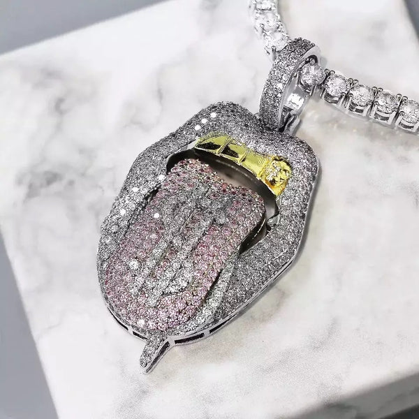 Iced out white pink mouth pendant Dollar symbol engraved hiphop bling cz pave tennis chain dripping Lip men boy necklace jewelry
