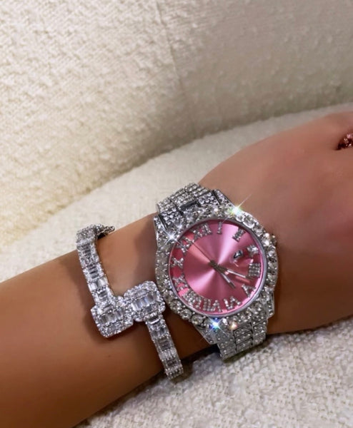 2 piece SET ! Pink and silver watch and square baguette bracelet