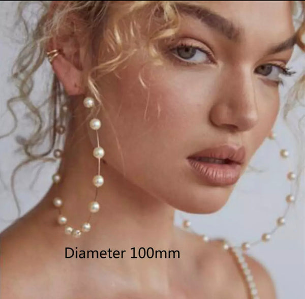 oversized pearl hoop earring , pearl hoop earring , big hoop earring , hoop earrings