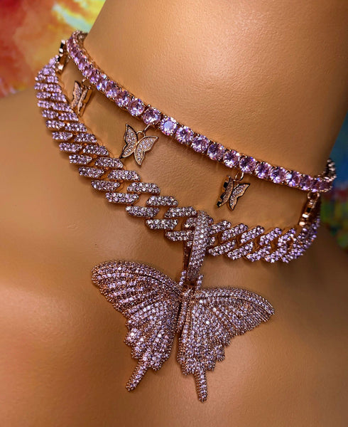 Butterfly cuban choker chain necklace , blinged iced cuban butterfly necklace , Micro Paved 12mm S-Link Miami Cuban Necklaces