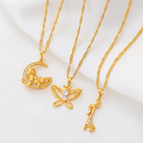 Anniyo Moon Butterfly Giraffe With Cubic Zirconia Pendant Necklaces for Women Girls CZ  Jewelry Mom Wife Birthday Gift #0707
