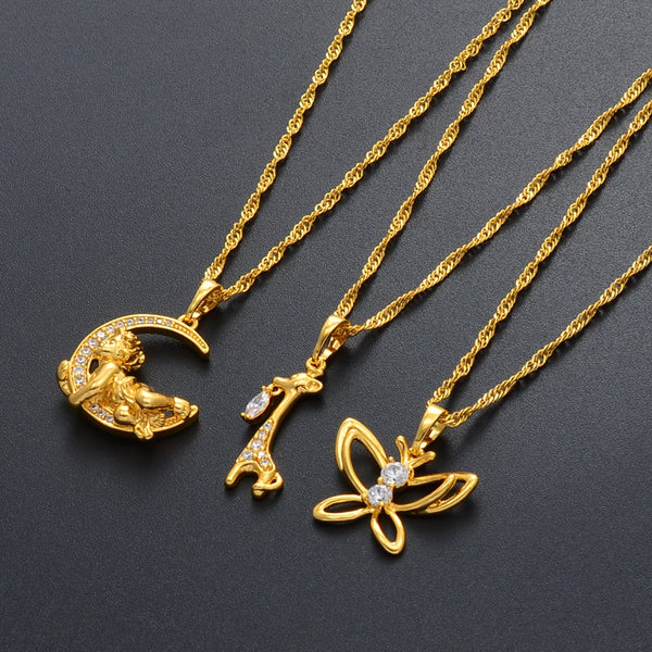 Anniyo Moon Butterfly Giraffe With Cubic Zirconia Pendant Necklaces for Women Girls CZ  Jewelry Mom Wife Birthday Gift #0707