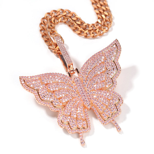 Uwin Butterfly Pink Rosegold CZ Pendant With 9mm Iced Out Cuban Chain Micro Pave Cubic Zircon Necklace Jewelry For Gift