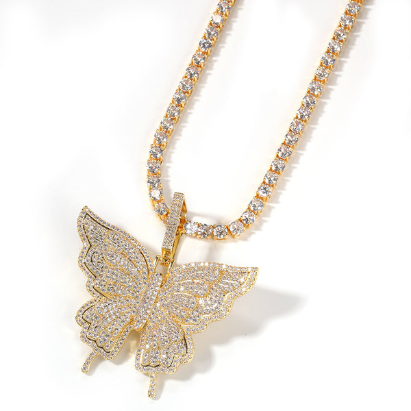 Uwin Butterfly Pink Rosegold CZ Pendant With 9mm Iced Out Cuban Chain Micro Pave Cubic Zircon Necklace Jewelry For Gift