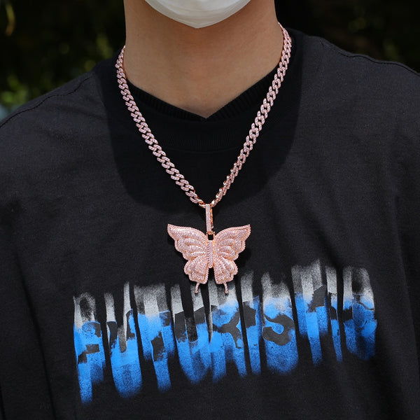Uwin Butterfly Pink Rosegold CZ Pendant With 9mm Iced Out Cuban Chain Micro Pave Cubic Zircon Necklace Jewelry For Gift