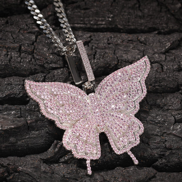 Uwin Butterfly Pink Rosegold CZ Pendant With 9mm Iced Out Cuban Chain Micro Pave Cubic Zircon Necklace Jewelry For Gift