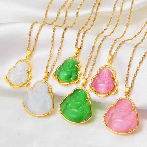 Buddha Pendant Necklaces Women Pink/White/Green Amulet Chinese Style