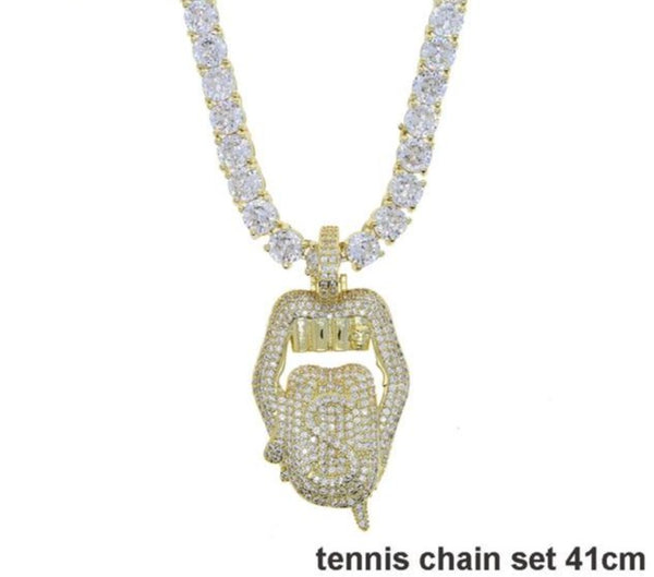 Iced out white pink mouth pendant Dollar symbol engraved hiphop bling cz pave tennis chain dripping Lip men boy necklace jewelry