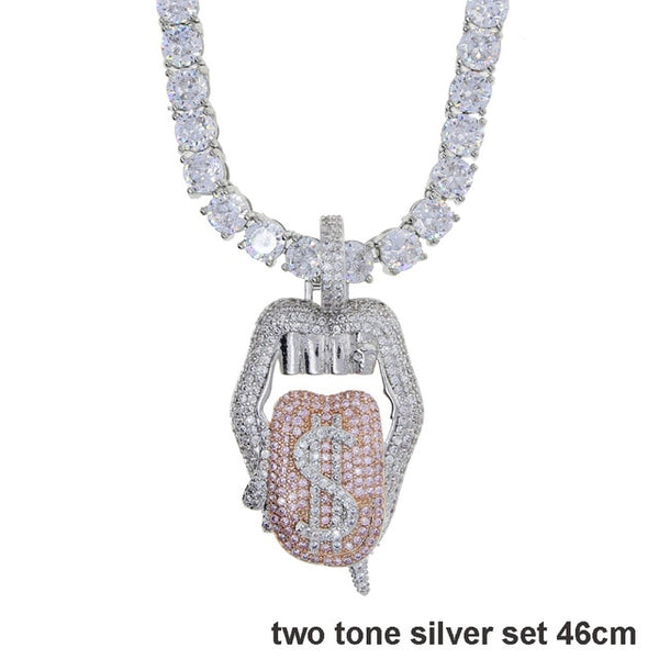 Iced out white pink mouth pendant Dollar symbol engraved hiphop bling cz pave tennis chain dripping Lip men boy necklace jewelry